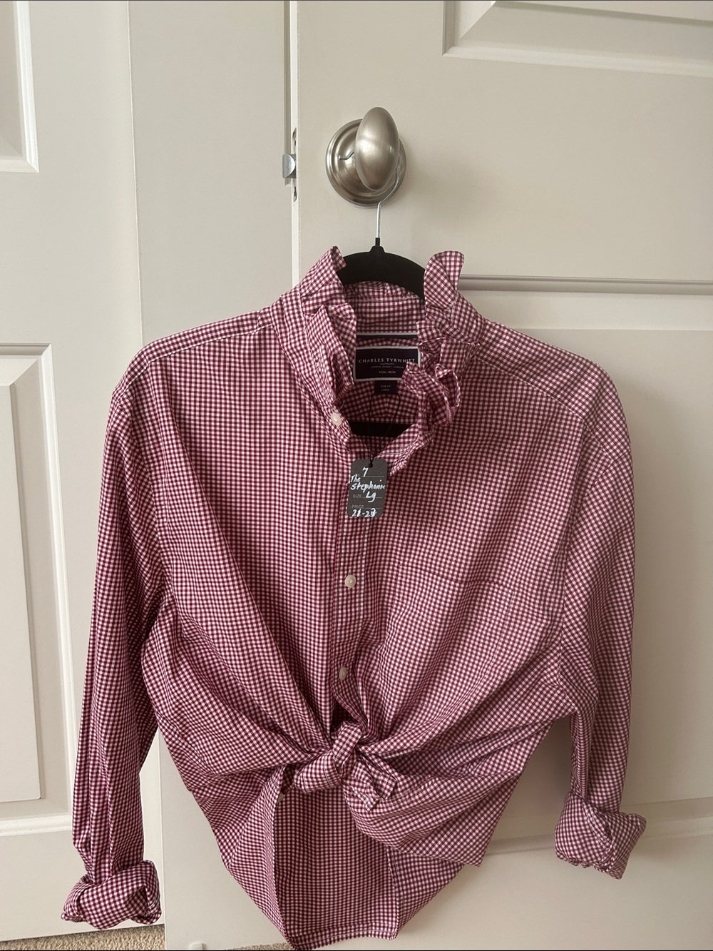 Recreated Charles Tyrwhitt Burgundy Gingham Tie-Front Shirt made for a woman.